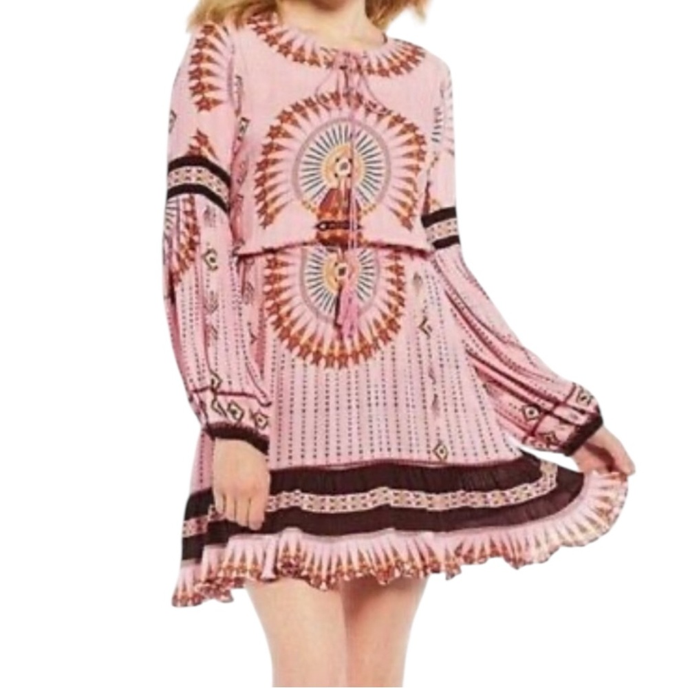 Chelsea & Violet Boho Mini Dress Long Sleeve Tassel Ruffle Hem Pink Print S